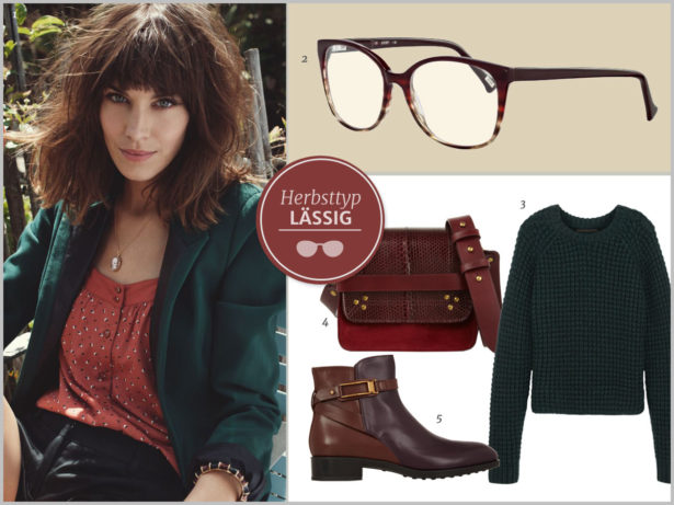 Modisches Freizeit-Outfit für den Herbsttyp. Bilder: 1 Vero Moda, 2 Joop!, 3 Haider Ackermann, 4 Jérôme Dreyfuss, 5 Tod’s